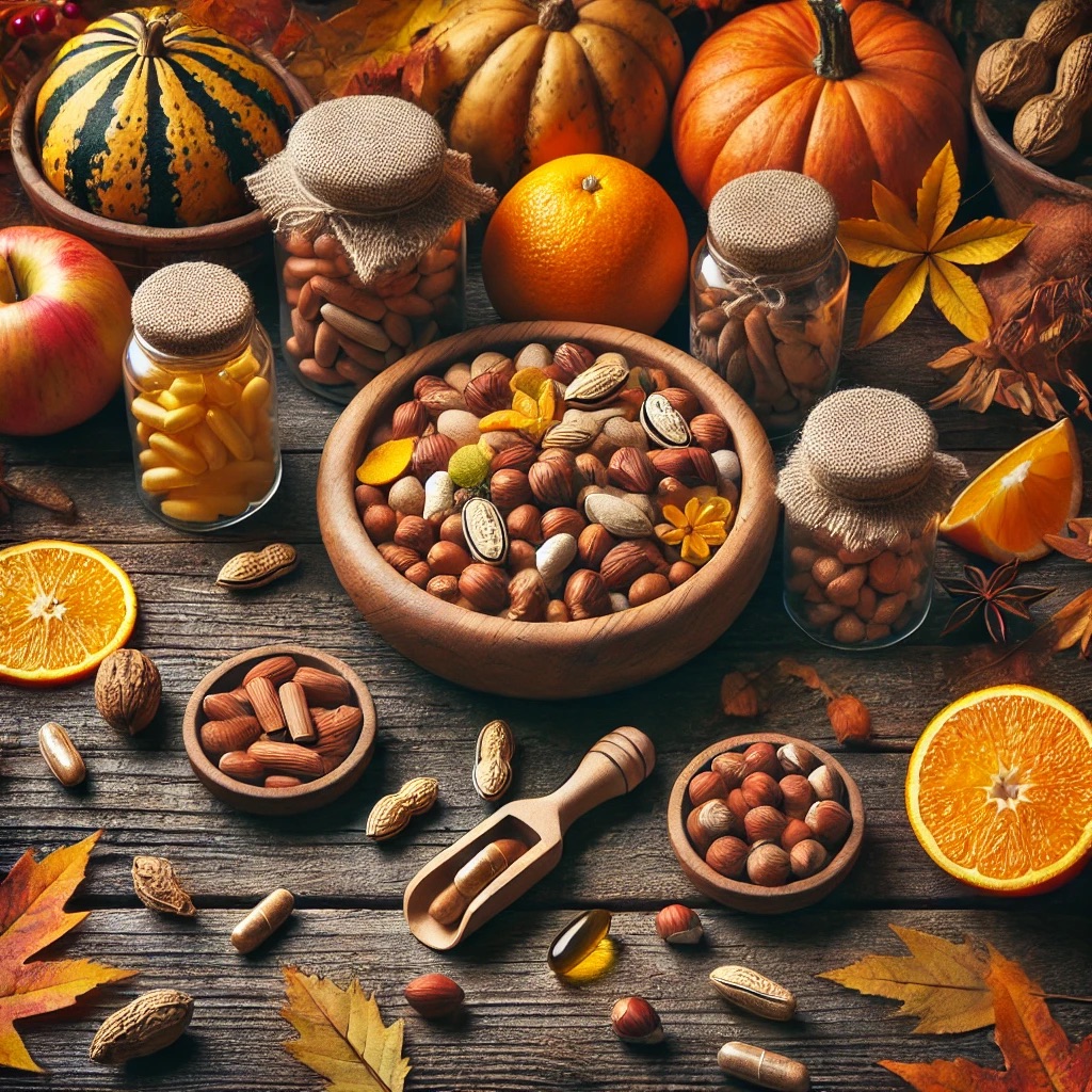 DALL·E 2024-10-06 18.33.01 - An autumn-themed image for the category How to boost your immunity in autumn. The image should feature a rustic wooden table with citrus fruits like